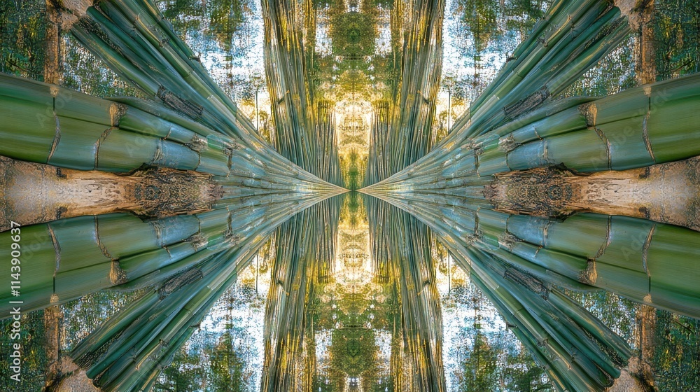 Aufkleber Abstract view of bamboo stalks creating symmetrical patterns in a serene forest setting during daylight hours