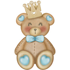 Teddy bear character cute baby boy,hand drawn pastel color for baby newborn childish greeting cards or invitations. Colorful drawing.