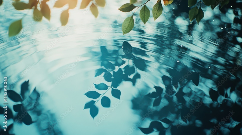 Poster beautiful abstract double exposure of water shimmering with reflections of leaves in a tranquil sett