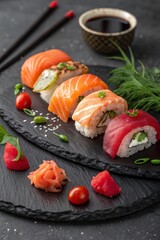 Assorted sushi rolls with salmon, tuna, and avocado, served on a slate plate with wasabi, soy sauce, and garnishes. A traditional Japanese culinary presentation.