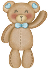 Teddy bear character cute baby boy,hand drawn pastel color for baby newborn childish greeting cards or invitations. Colorful drawing.
