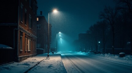 Snowy street scene at night with street lights illuminating the area. The road is covered in snow, and buildings with illuminated windows line the street.