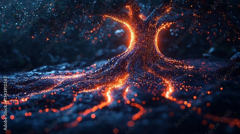 Poster futuristic tree with flowing data streams symbolizing growth powered by digital technology