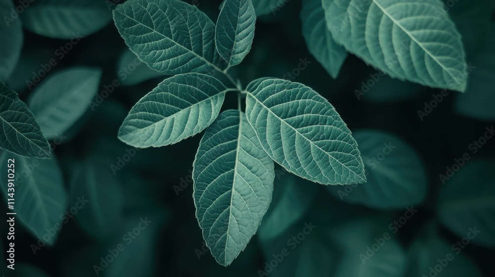 Poster Close-up view of vibrant green leaves showcasing intricate textures and patterns in natural light
