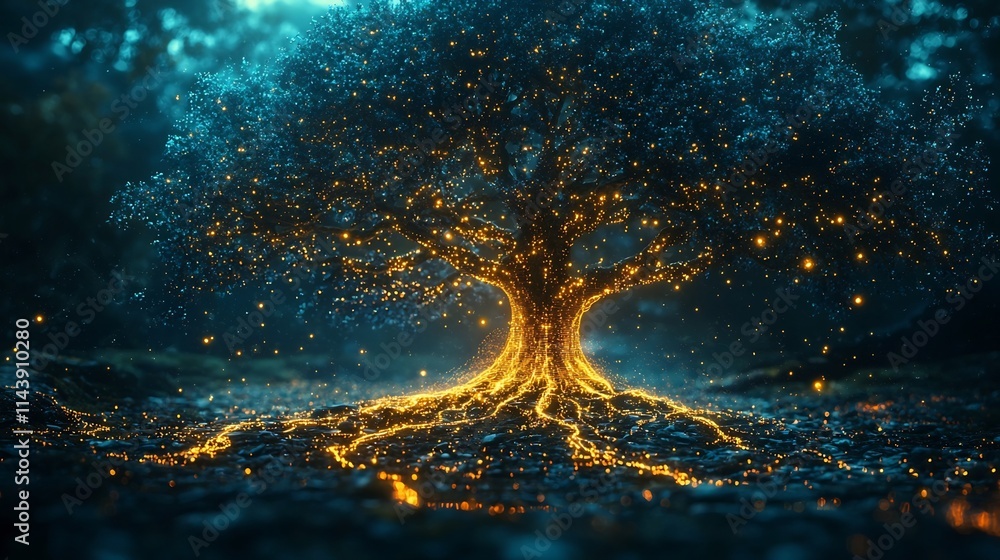 Poster futuristic digital tree with flowing data streams symbolizing technology driven growth