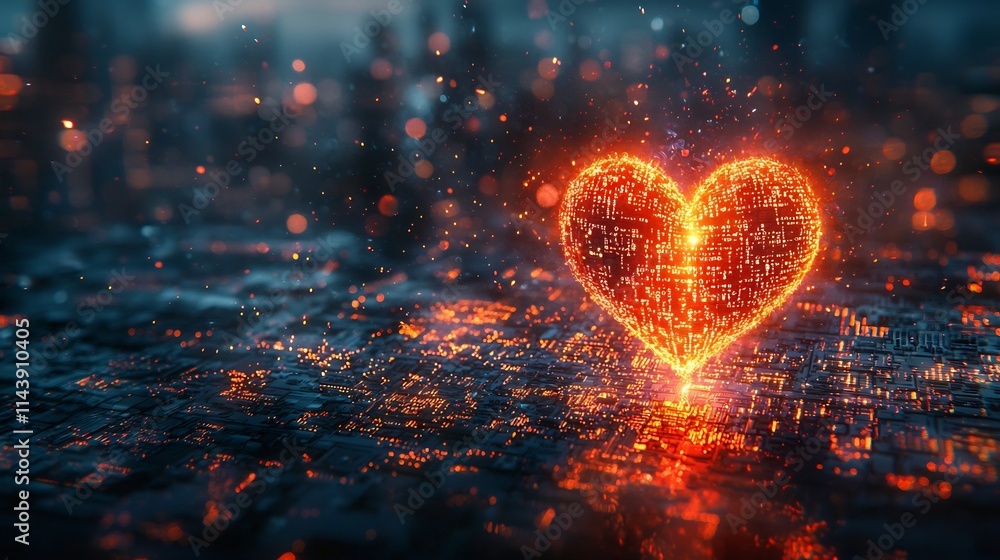 Poster glowing heart with binary code weaving through symbolizing technology and emotions connection