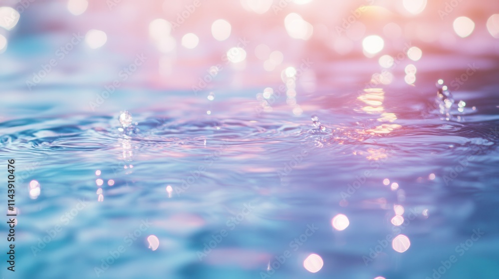 Poster Close-up view of rain droplets creating ripples on water surface during a serene moment by a lake at sunset