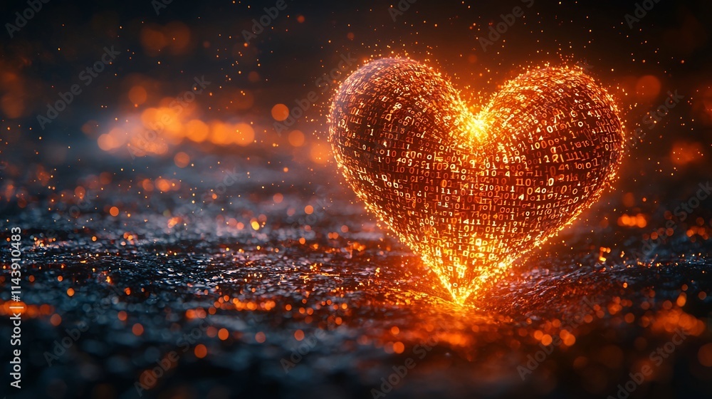 Poster glowing digital heart with weaving binary code symbolizing technology and emotion