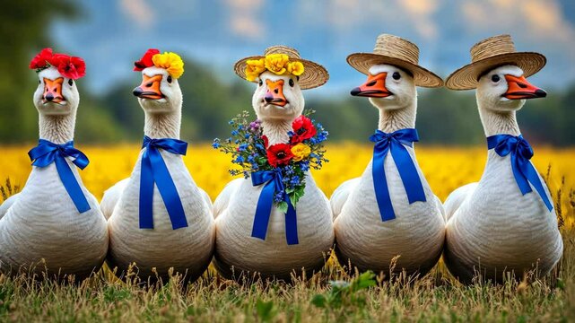 Group of ducks wearing hats and ribbons are sitting in a field. The ducks are all different sizes and are wearing different colored ribbons. Scene is lighthearted and playful