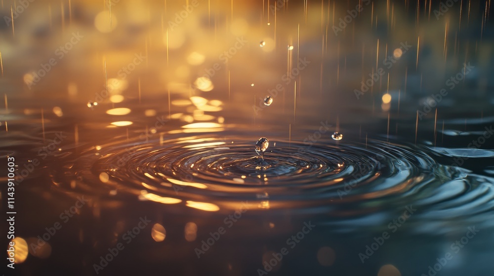 Poster close-up of rain droplets creating ripples on water surface during twilight