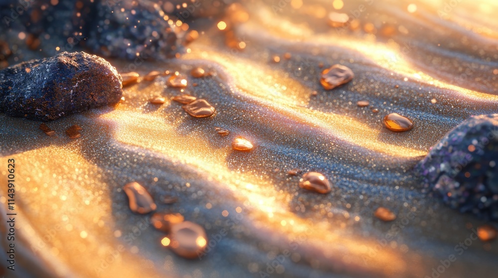 Poster intricate patterns of desert sand highlighted by sunlight and droplets in a serene desert landscape