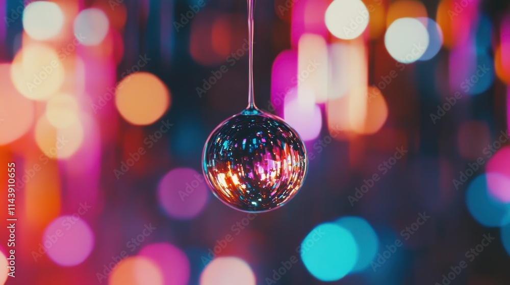 Poster close-up of a droplet suspended against a colorful bokeh background showcasing vibrant lights and re