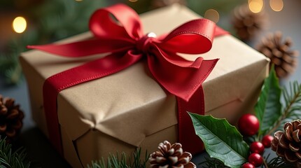 Wrapped gift box with a red ribbon bow, placed on a surface surrounded by pinecones, holly leaves, and berries. The background features a blurred image of a Christmas tree.