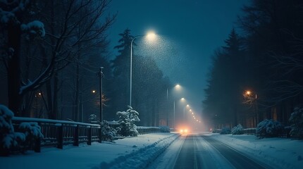 Snow-covered road at night, illuminated by streetlights and the headlights of a car approaching from a distance. The scene is serene, with trees lining the road and a blanket of snow on the ground.