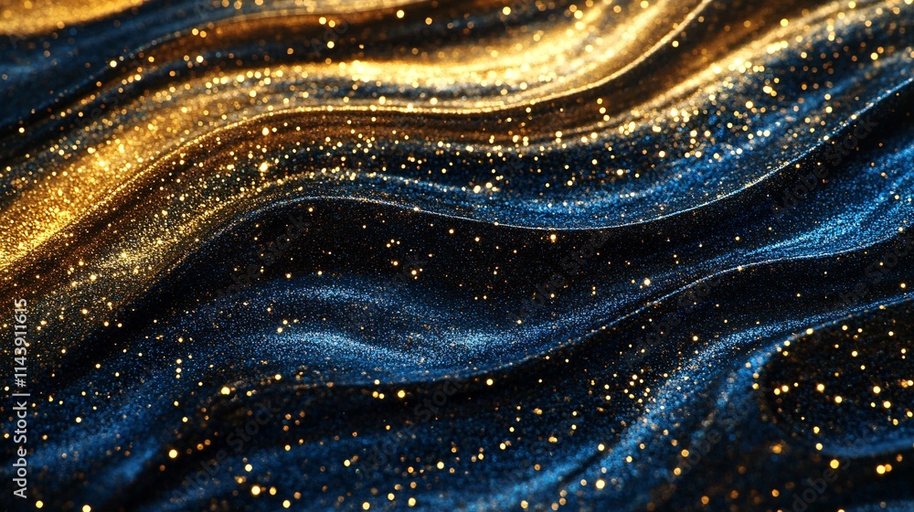 Poster close-up of flowing blue and gold glitter creating a mesmerizing wave pattern.