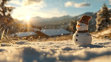 Obraz premium Charming Snowman in Winter Landscape Surrounded by Soft Snowflakes at Sunrise with Captivating Scenic Mountains in the Background