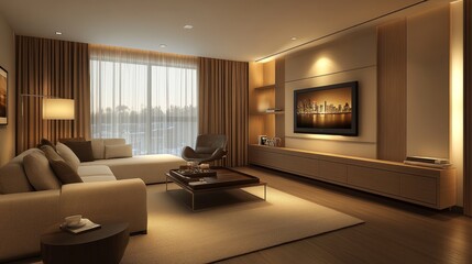 Fototapeta premium Modern minimalist hotel salon, smooth panel walls, minimalist and stylish furniture design. The soft and blurry background creates a refined atmosphere for luxurious interior design.