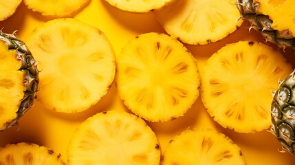 Freshly sliced golden pineapple pieces against a vibrant yellow backdrop creating a modern and minimalist visual design with a tropical organic feel