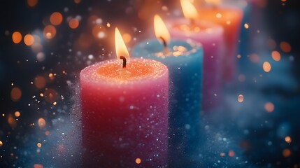 Sparkling pink and blue candles burning brightly with bokeh lights.