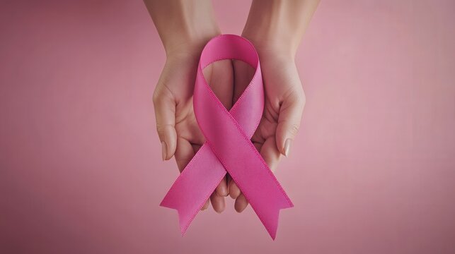  breast cancer day. close-up of hands holding a pink ribbon against a neutral background, symbolizing unity and awareness. 