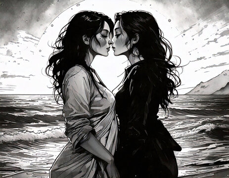Black and white art depicting a tender moment of a lesbian couple sharing a kiss on the beach.






