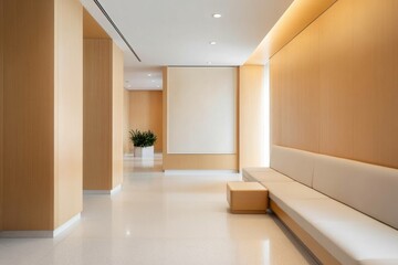 Obraz premium Modern and Minimalist Interior Design of a Lobby Featuring Wooden Panels, Soft Lighting, and Elegant Seating Arrangements in a Contemporary Space