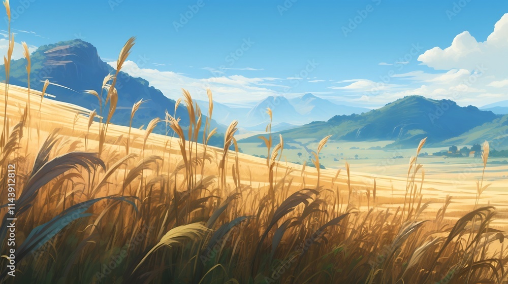Poster expansive cornfield with stalks gently swaying in the warm summer breeze creating a serene and pictu