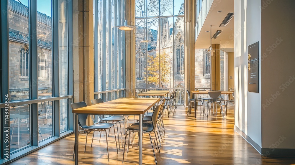 Poster bright open-concept dining space with glass walls in urban setting modern architecture warm and invi