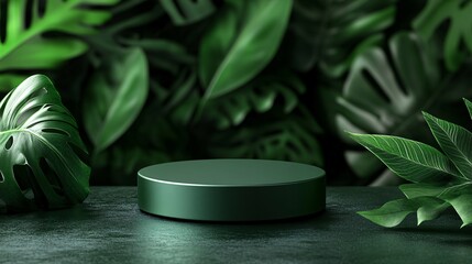 A serene green display with lush tropical leaves surrounding a cylindrical pedestal, creating a harmonious nature-inspired setting.