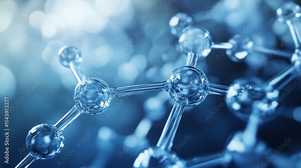 Poster abstract representation of molecular structures in blue tones, emphasizing science and innovation.