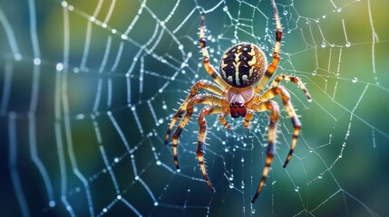 Orb weaver spider on dew-covered web.