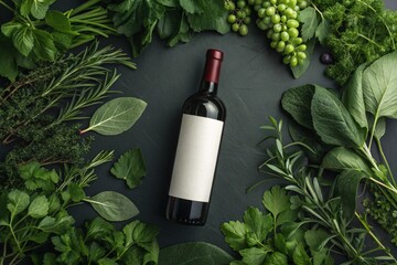 A bottle of red wine with a blank label surrounded by green grape leaves, herbs, and fresh grapes on a dark background. A natural and rustic wine presentation.