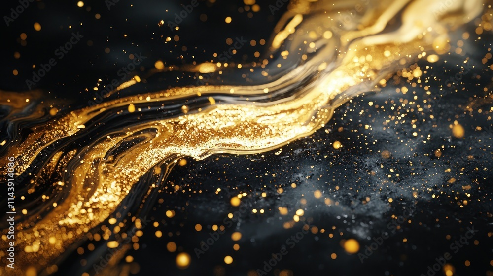 Poster abstract gold and black texture with shimmering particles.