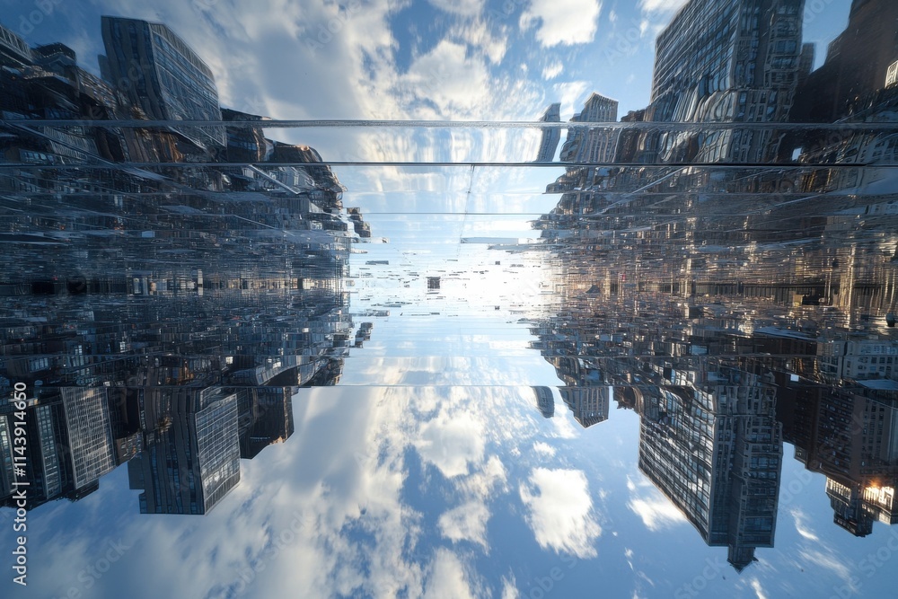 Poster abstract reflection of skyscrapers in urban setting showcasing a blend of clouds and cityscapes in a