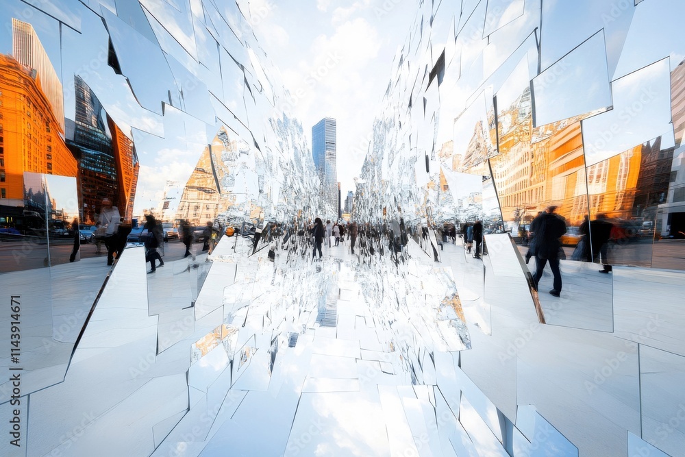 Poster abstract reflection of city buildings and people in fragmented mirrors creating a dynamic urban scen