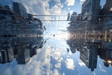 Abstract reflection of skyscrapers in urban setting showcasing a blend of clouds and cityscapes in a surreal and captivating perspective