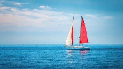 Sailboat with red and white sails sailing on a calm ocean under a blue sky with a few clouds.