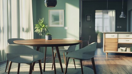 Modern dining area with green walls, a wooden table, and sleek chairs, creating a warm and inviting atmosphere.