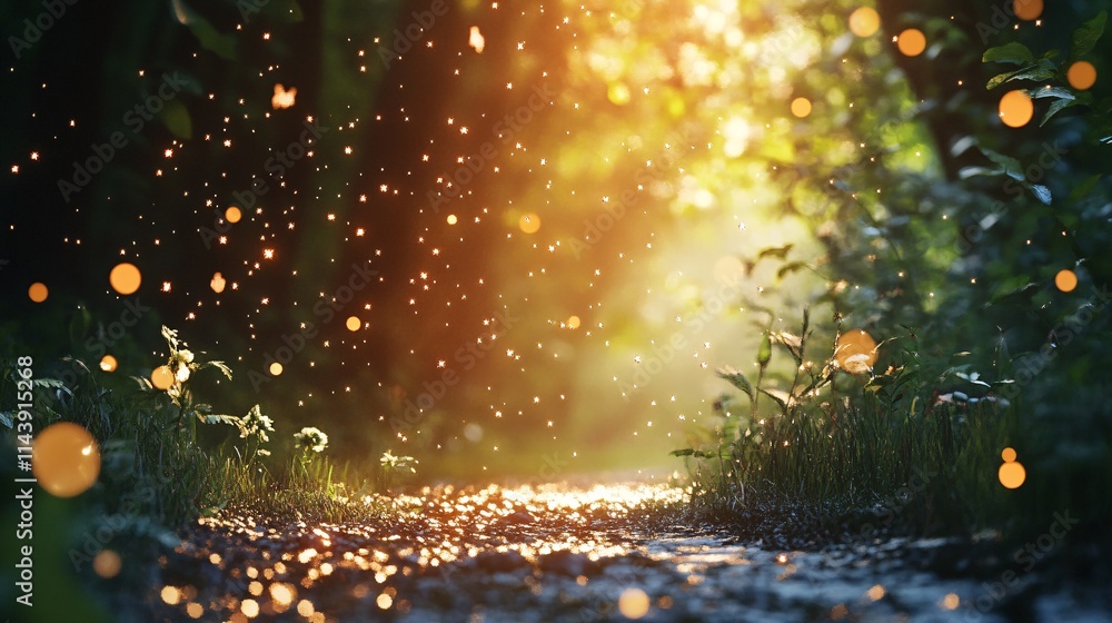 Poster a serene forest path illuminated by warm sunlight, surrounded by soft foliage and shimmering dust pa