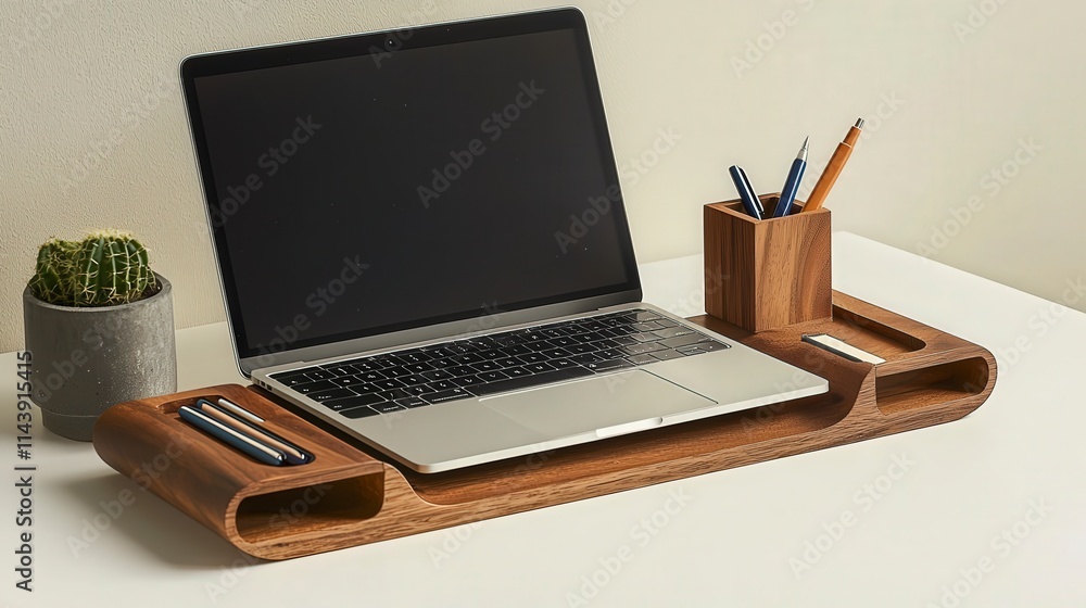 Aufkleber minimalist desk setup with laptop and notebook in modern office space focus on productivity and orga