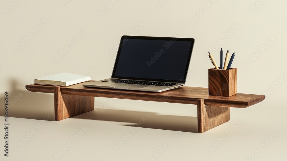 Poster Minimalist desk setup featuring laptop and notebook modern workspace clean design neutral tones professional environment