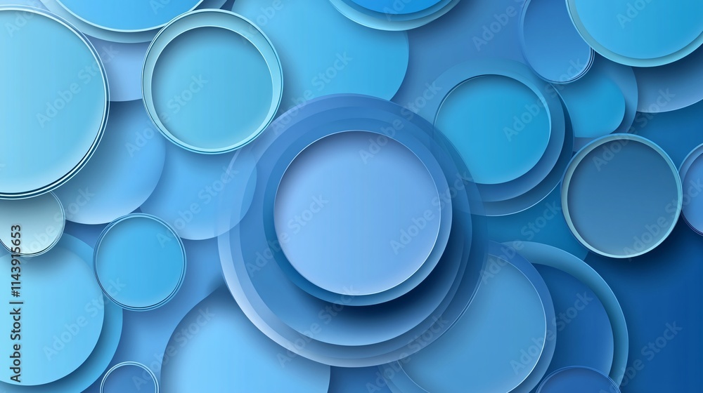 Poster an abstract composition featuring layered blue circles in various shades, creating a tranquil and mo