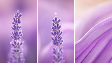 Obraz premium Triptych of lavender flowers and purple fabric, soft focus, pastel colors.