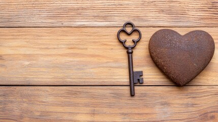 A vintage key beside a heart-shaped stone on a wooden background.