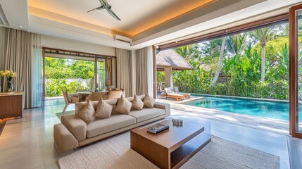 Fototapeta premium Luxurious living room with open-plan design, overlooking private pool and tropical garden.