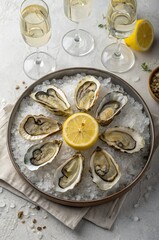 Fresh oysters served on a bed of ice with a lemon wedge, paired with glasses of white wine on a light textured background. A luxurious and gourmet seafood experience.