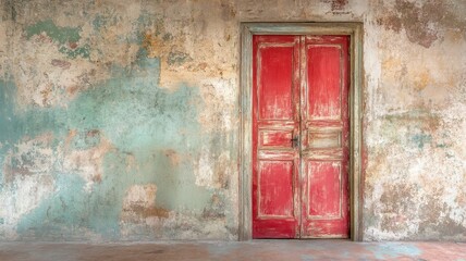 Distressed painted door against concrete floor interior design vintage charm aged environment artistic perspective