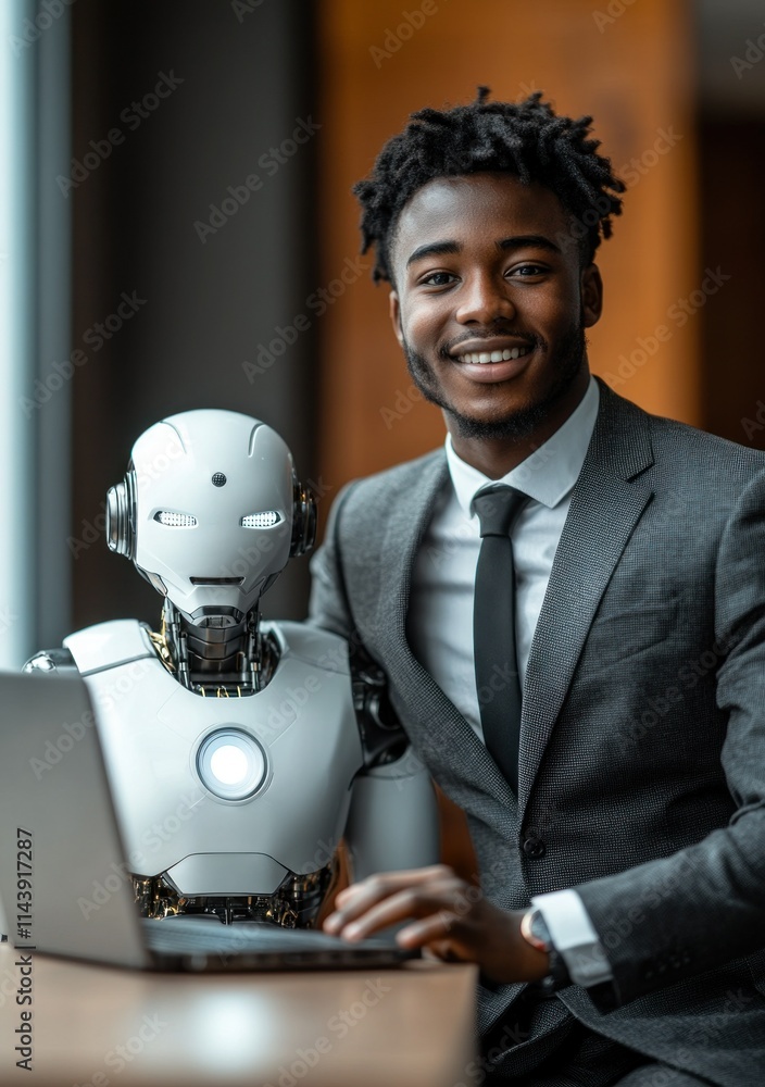 Poster professional man and robot collaborating at a desk.