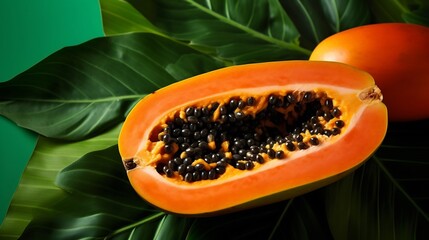 Closeup of a Vibrant Sliced Papaya Revealing its Contrasting Orange and Black Seeds Against a Lush Tropical Green Background Highlighting the Exotic and Healthy Nature of this Delicious Fruit