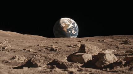 Stunning View of Earth from the Moon Surface with Rocky Terrain and Deep Black Space, Creating a Breathtaking Celestial Perspective for Astronomy and Space Enthusiasts